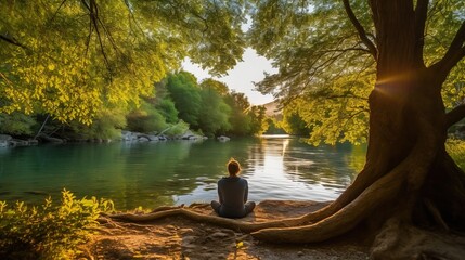 A person fully immersed in nature, sitting by a peaceful river. Practice of mindfulness, focusing on the present moment. Unplug from distractions. Slow living concept. Generative AI.