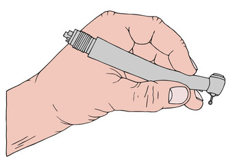 Dental handpiece in hand. Freehand drawing. Doodle. Hand Drawn. Outline.