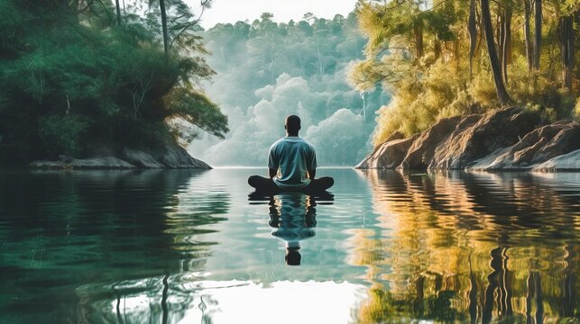 A person fully immersed in nature, sitting by a peaceful river. Practice of mindfulness, focusing on the present moment. Unplug from distractions. Slow living concept. Generative AI.