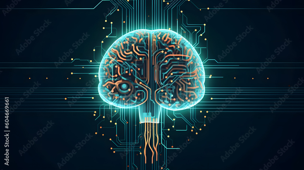 Poster robotic human brain with detailed circuits. concept art of artificial intelligence, machine learning