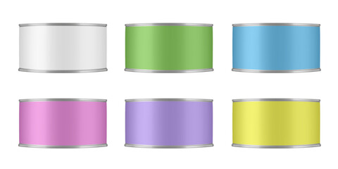Set of tin cans for pet food, meat or fish preserves. White, green, blue, pink, purple and yellow labels. Cat or dog food mockup