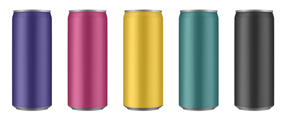 Set of purple, red, gold, green and black tin cans of energy drink, juice or soda. Cocktail of fitness drink. Cold beverages