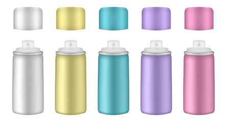 Aluminium tube for hairspray, air freshener container, thermal water spray bottle. White, yellow, purple, green and pink bottles. Realistic cosmetic mockup of aerosol deodorant or dry shampoo