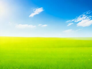 Fototapeta na wymiar Immerse yourself in the beauty of a panoramic natural landscape featuring a green field with grass against a blue sky. This serene scene captures the essence of spring and summer, with a stunning blur