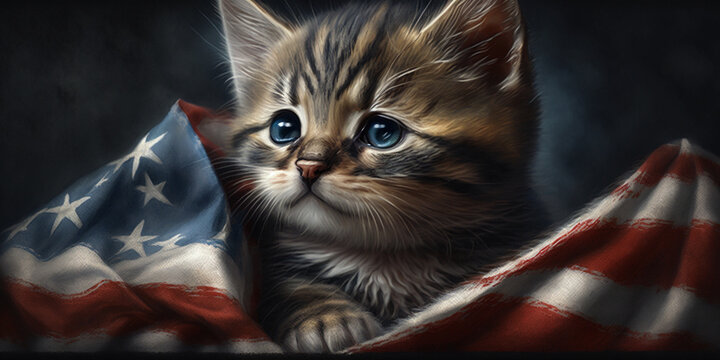 Patriotic kitten.  Selective focus with excessive noise,compression artifacts and film grain filter. Generative AI	