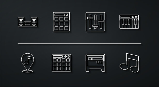 Set line Home stereo, Location musical note, Music synthesizer, Guitar amplifier, Drum machine, tone and Sound mixer controller icon. Vector