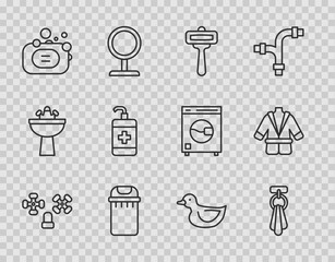 Set line Water tap, Towel on hanger, Shaving razor, Trash can, Bar of soap, Hand sanitizer bottle, Rubber duck and Bathrobe icon. Vector