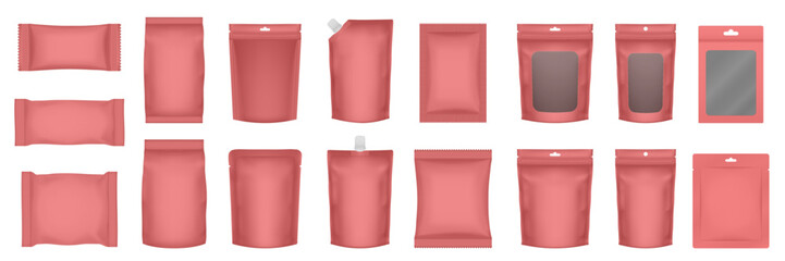 Set of realistic pouch mockups. Red flow pack, sachet, zip bag and doypack. Ice cream wrapper. Sheet mask sachet. Soap or wet wipes packaging.