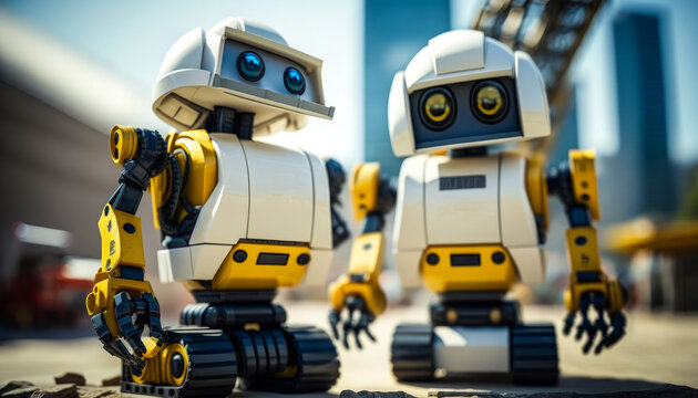 Captivating image of two intelligent engineer-architect robots in safety helmets and yellow vests, dynamically engaged on a construction site with a vibrant, light-filled backdrop. Generative AI