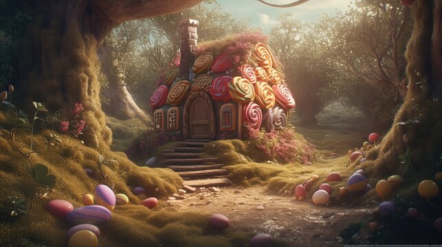 a fairytale gingerbread house in magic forest, Generative Ai