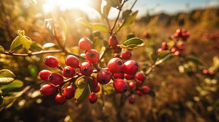 beautiful ripe red cranberry on tree with light glow from behind Generative Ai