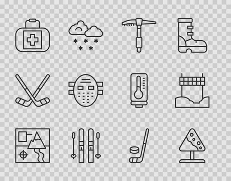 Set line Folded map, Road sign avalanches, Ice axe, Ski and sticks, First aid kit, Hockey mask, hockey puck and Ribbon in finishing line icon. Vector