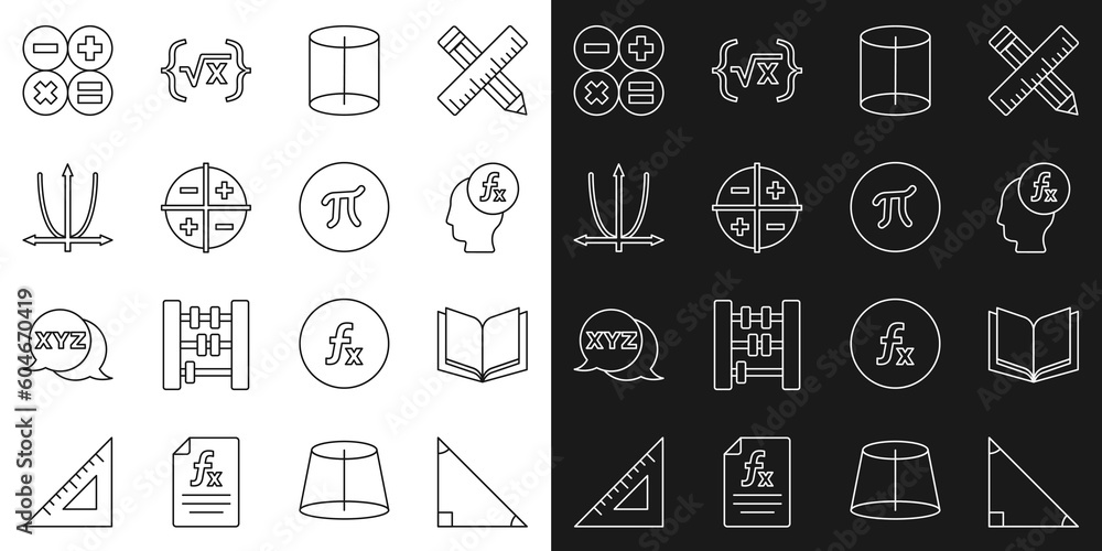 Poster set line triangle math, open book, function mathematical symbol, geometric figure, xyz coordinate sy