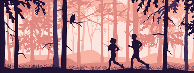 Horizontal landscape banner. Silhouette of boy and girl jogging in forest. Pink illustration. Wild trees. 