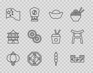 Set line Chinese paper lantern, Great wall of China, Sushi, Yin Yang, flag, Yuan currency, Meatballs on wooden stick and Japan Gate icon. Vector