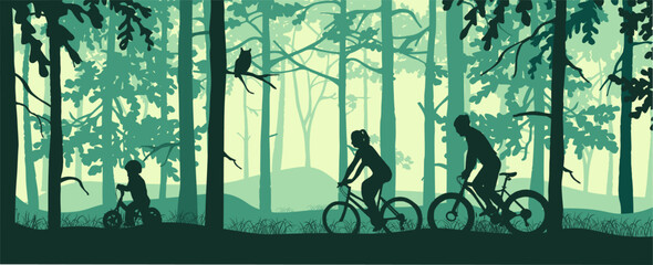 Active family cycling in forest. Mother, father, child, green silhouette horizontal illustration. Healthy lifestyle outdoor activities. Recreation. Banner. 
