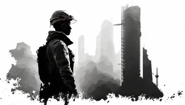 Captivating monochrome image: misty construction worker silhouette wearing a helmet, with a ghostly skyscraper backdrop. Evokes determination and hard work. Generative AI
