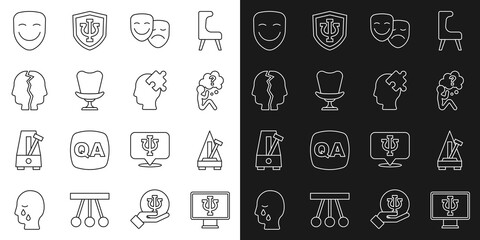 Set line Psychologist online, Metronome with pendulum, Head question mark, Comedy and tragedy masks, Armchair, Bipolar disorder, theatrical and Solution to problem icon. Vector