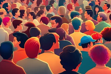 Golden Chaos: A Minimalistic Depiction of a Harshly Lit Mob During the Golden Hour. Generative AI