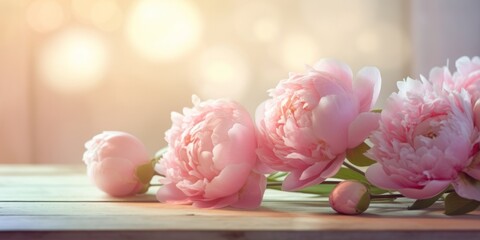 Serene Pink Peonies on a White Wooden Table, Defocused Background, Generative AI