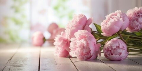 Serene Pink Peonies on a White Wooden Table, Defocused Background, Generative AI