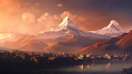 Fototapeta na wymiar Panorama of Annapurna in Himalaya mountain range with sunset colors. Generative ai