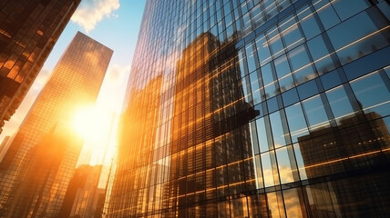 Office buildings in financial district with sun light and sky reflecting. Generative ai