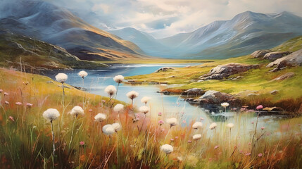 Norwegian landscape in summer with sun, mountains and cotton grass. Generative ai