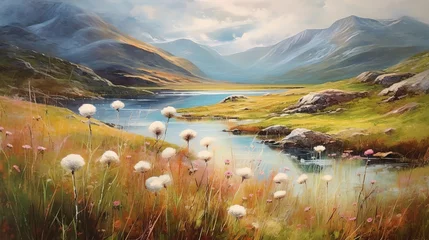 Foto op Canvas Norwegian landscape in summer with sun, mountains and cotton grass. Generative ai © MdMaruf