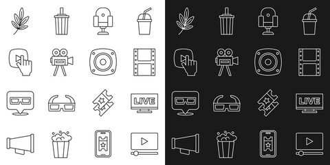 Set line Online play video, Live stream, Play, Director movie chair, Retro cinema camera, Movie trophy and Stereo speaker icon. Vector