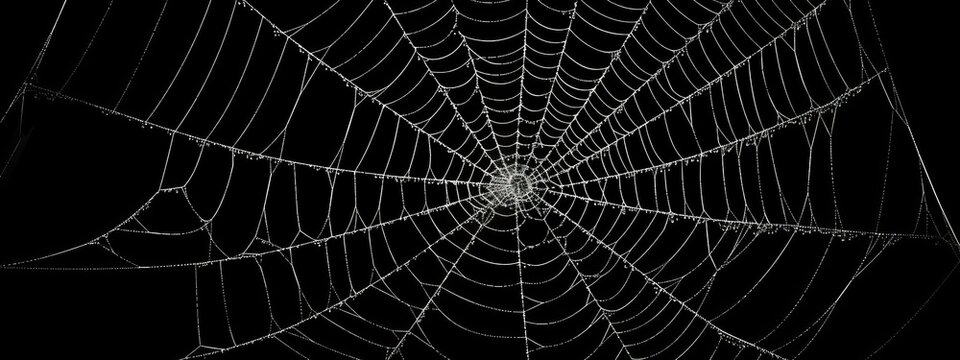 Real creepy spider webs silhouette isolated on black banner panorama - Halloween background template (Generative Ai)