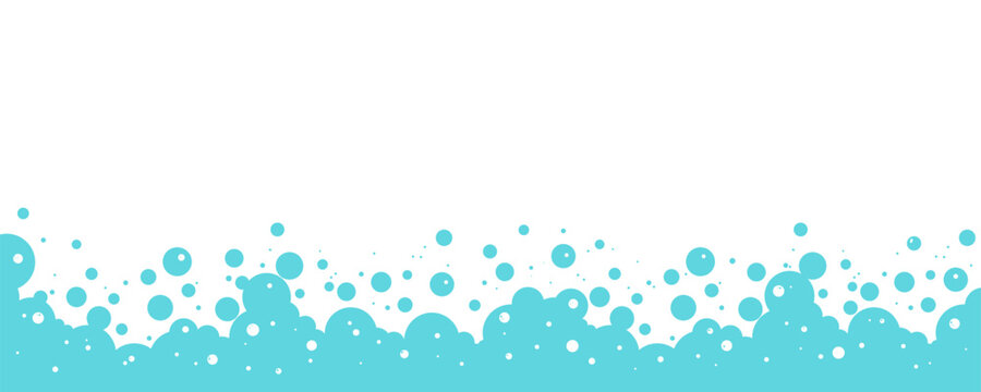 Bubble soap background, cartoon blue water foam, bath pattern. Shower border. Laundry suds, soda, shampoo frame. Underwater, fizz drink, carbonated splash, soft cloud. Clean vector illustration