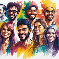 Fototapeta na wymiar Watercolor illustration with young people of various ethnicities celebrating youth day #19. Generated ai