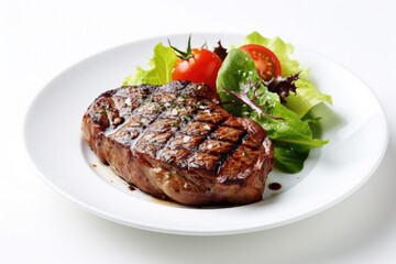 Delicious Grilled Steak and Salad on a White Background Generative AI