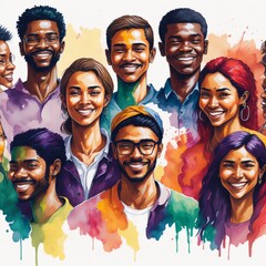 Watercolor illustration with young people of various ethnicities celebrating youth day #18. Generated ai