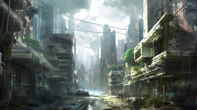 illustration scene of lost city, fall of human civilization concept, Generative Ai