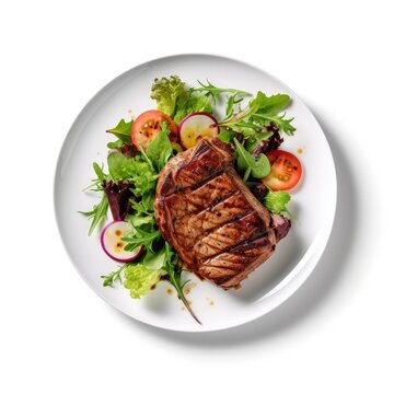 Delicious Grilled Steak and Salad on a White Background Generative AI