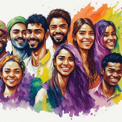 Watercolor illustration with young people of various ethnicities celebrating youth day #7. Generated ai