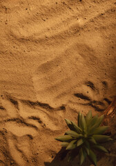 Nature composition. Sand background. Floral display. Green succulent flower plant on sunny beige desert grain texture with copy space.