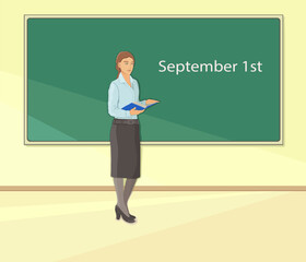 At school, in the classroom, a young teacher in a white blouse and black skirt stands with a book in her hands at a green board on which it is written September 1. Knowledge Day. Vector illustration.