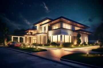 Contemporary Night View of a Modern Villa Neighborhood. AI