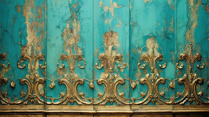 Fototapeta na wymiar Distressed painted antique wall in turquoise and gold, golden shiny rococo ornaments. Beautiful distressed luxury vintage surface. Generative Ai.