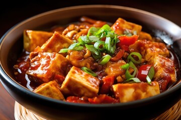 Fototapeta premium Generative AI Mapo tofu is a popular Chinese dish from Sichuan province Food Photography