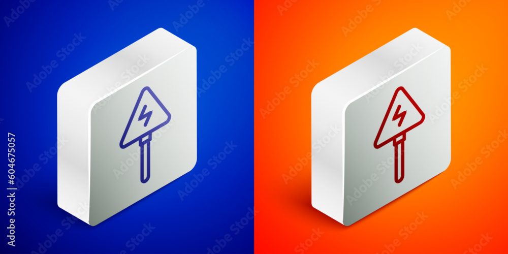 Poster isometric line high voltage sign icon isolated on blue and orange background. danger symbol. arrow i
