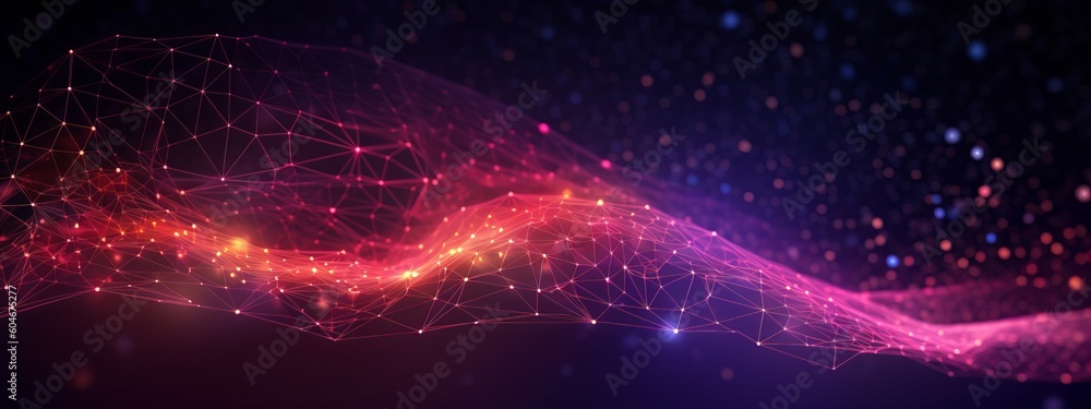 Fototapete Texture of abstract future technology lines with dots connection mesh background banner  illustration 3d  - Connection digital data and big data concept. Digital datail dark blue pink (Generative Ai)