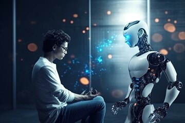 Fototapeta na wymiar person talking with robotic ai . futuristic technology or machine learning 
