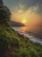 Dreamy Sunset on the Sea background landscape. Tropical view with warm sunlight. Beautiful realistic highly detailed nature scene. Generative AI