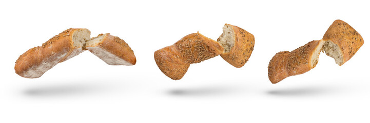 Set of isolates of broken loaves of bread. A set of loaves of light bread on a white isolated...