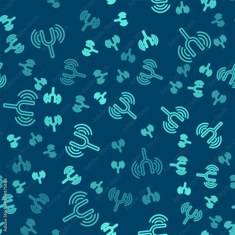 Poster green line musical tuning fork for tuning musical instruments icon isolated seamless pattern on blue