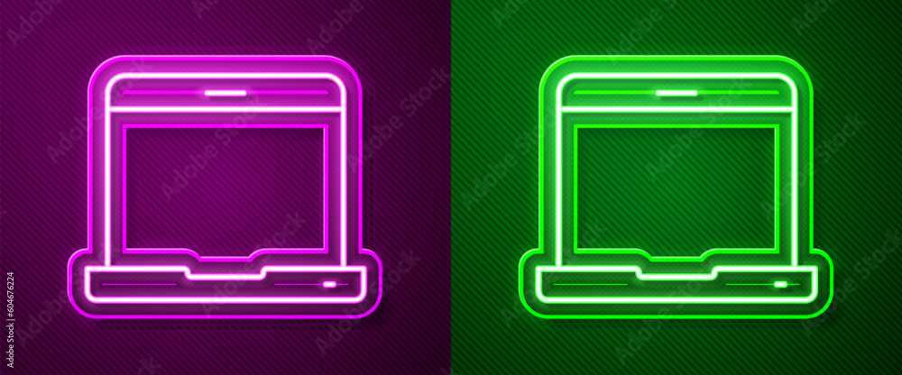 Poster glowing neon line laptop icon isolated on purple and green background. computer notebook with empty 